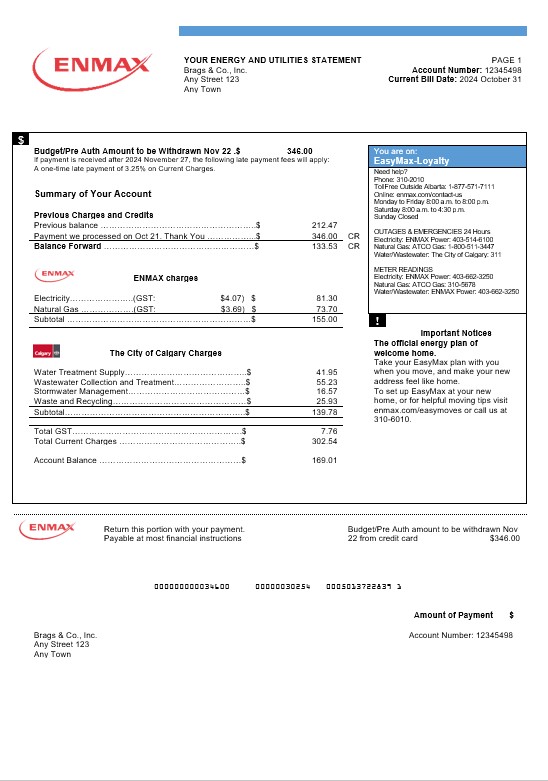 Canada Enmax business utility bill Word and PDF template PSD template